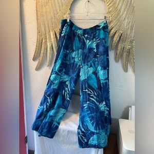 VINTAGE TEAL, BLUE PRINT ELASTIC WAIST PALAZZO PANTS WIDE LEG